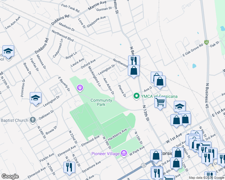 map of restaurants, bars, coffee shops, grocery stores, and more near 1307 Ann Arbor Drive in Corsicana