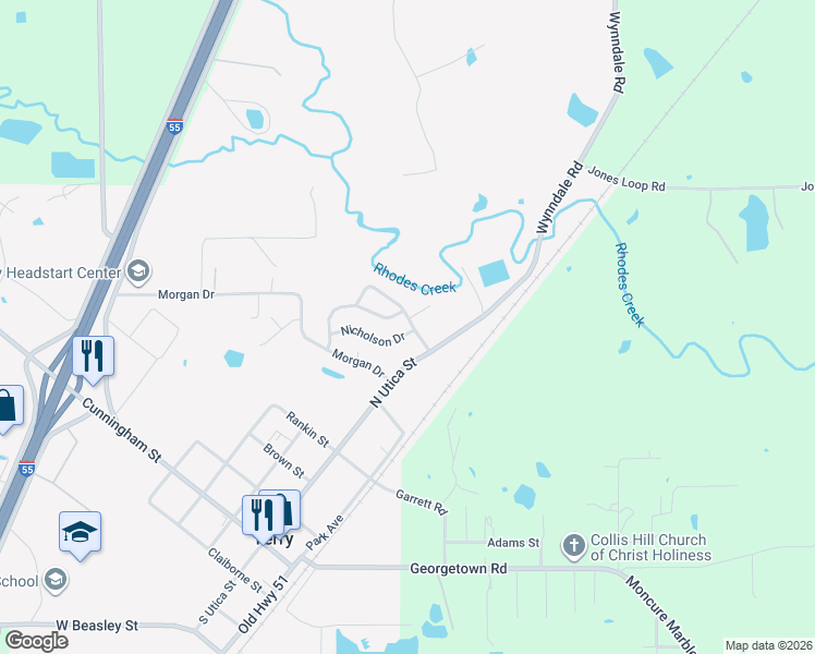 map of restaurants, bars, coffee shops, grocery stores, and more near 125 Nicholson Drive in Terry