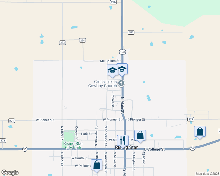 map of restaurants, bars, coffee shops, grocery stores, and more near 7009 Parker Street in Rising Star