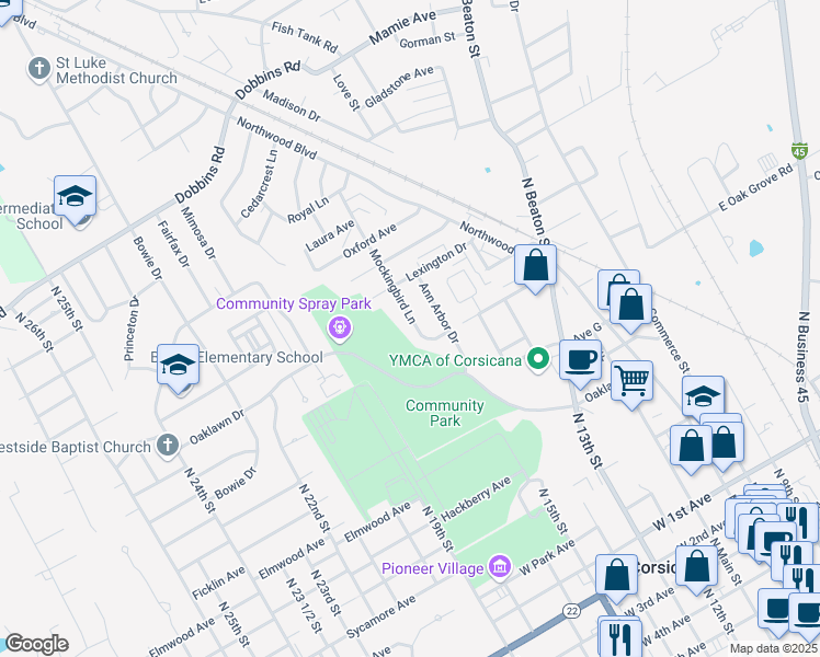 map of restaurants, bars, coffee shops, grocery stores, and more near 1416 Mockingbird Lane in Corsicana