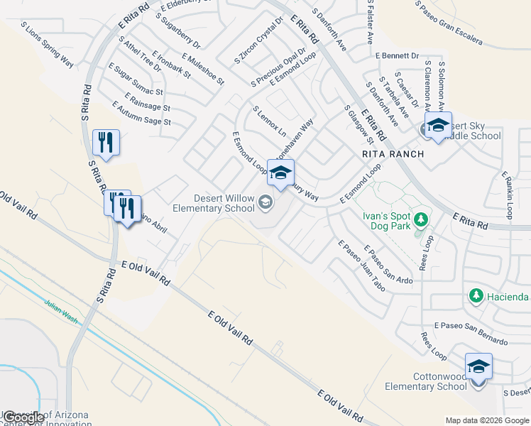 map of restaurants, bars, coffee shops, grocery stores, and more near 9394 East Esmond Loop in Tucson