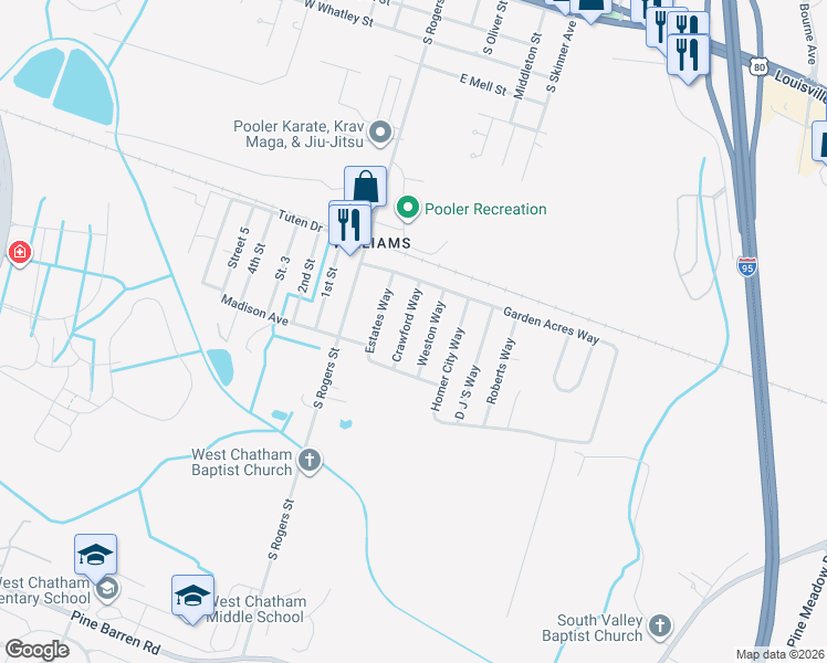 map of restaurants, bars, coffee shops, grocery stores, and more near 1232 Crawford Way in Pooler