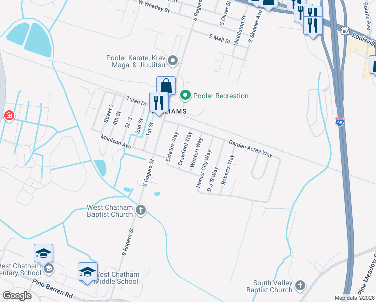 map of restaurants, bars, coffee shops, grocery stores, and more near 1232 Crawford Way in Pooler
