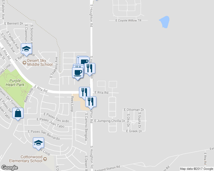 map of restaurants, bars, coffee shops, grocery stores, and more near 10425 East Rita Ranch Crossing Circle in Tucson
