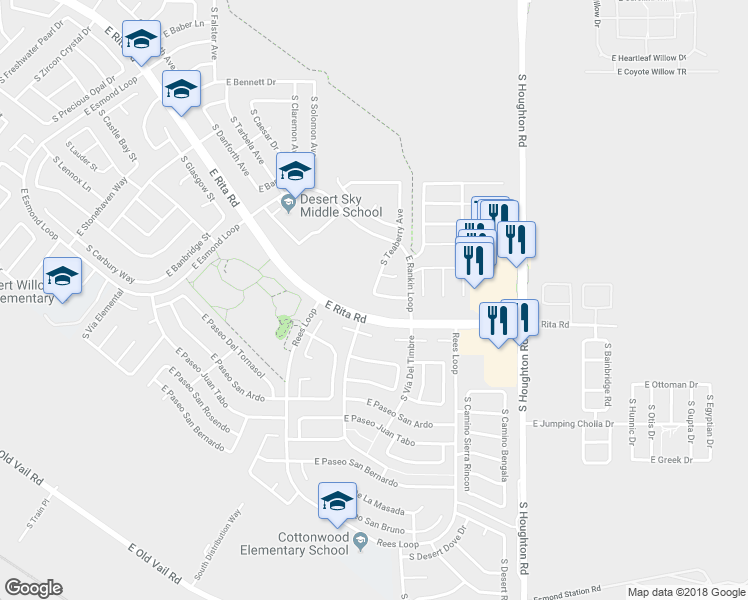 map of restaurants, bars, coffee shops, grocery stores, and more near 9961 East Placita De Las Palmeritas in Tucson