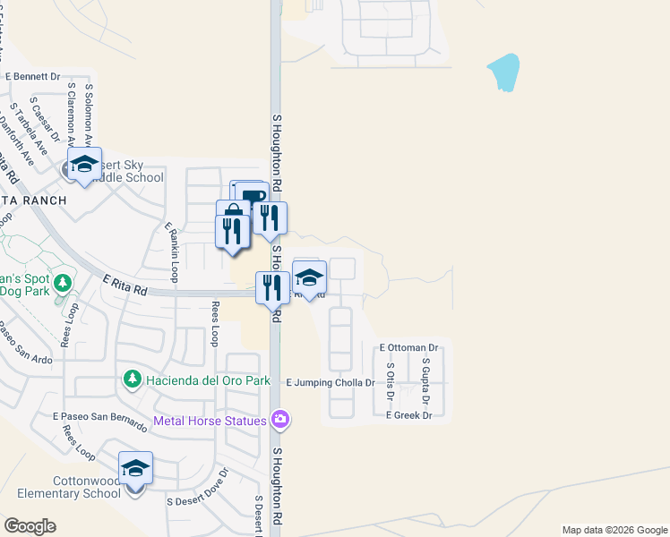 map of restaurants, bars, coffee shops, grocery stores, and more near 10425 East Rita Ranch Crossing Circle in Tucson