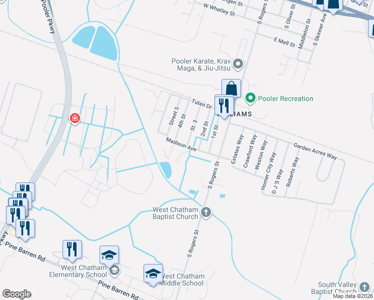 map of restaurants, bars, coffee shops, grocery stores, and more near Madison Avenue in Pooler