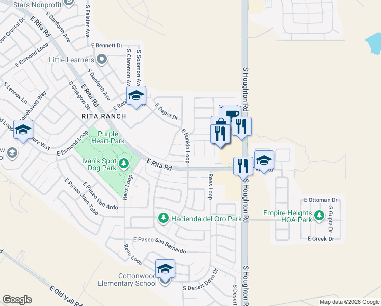 map of restaurants, bars, coffee shops, grocery stores, and more near 8136 South Sunny River Place in Tucson