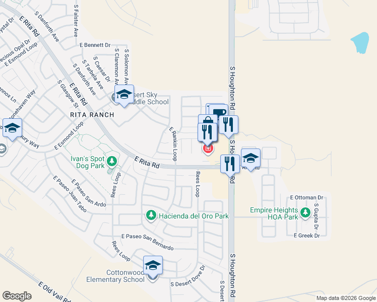map of restaurants, bars, coffee shops, grocery stores, and more near 8108 South Sunny Sky Place in Tucson