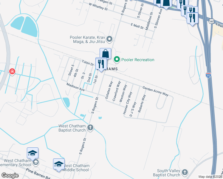 map of restaurants, bars, coffee shops, grocery stores, and more near 1215 Estates Way in Pooler