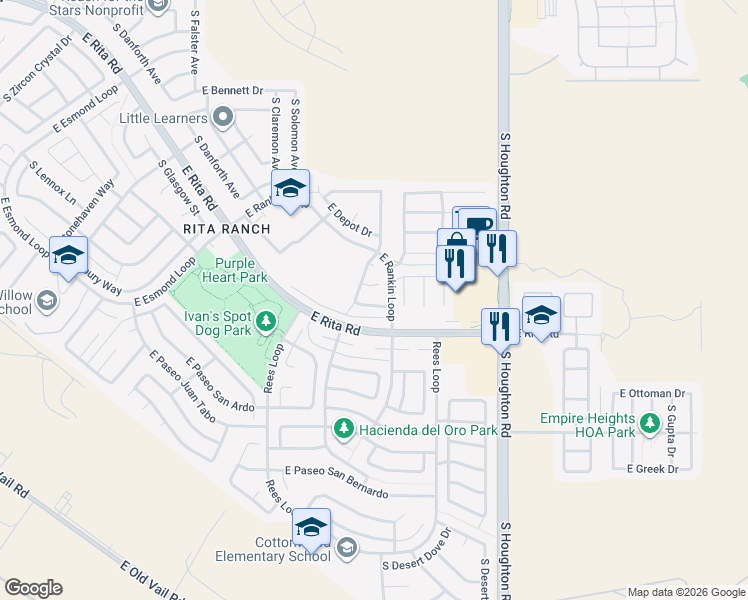 map of restaurants, bars, coffee shops, grocery stores, and more near 10039 East Arizona Sunset Drive in Tucson