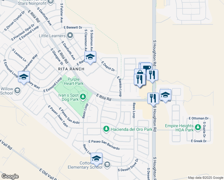 map of restaurants, bars, coffee shops, grocery stores, and more near 10015 East Arizona Sunset Drive in Tucson