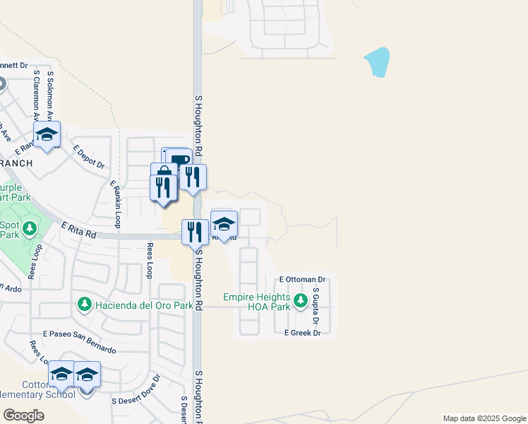 map of restaurants, bars, coffee shops, grocery stores, and more near 10467 East Rita Ranch Crossing Circle in Tucson