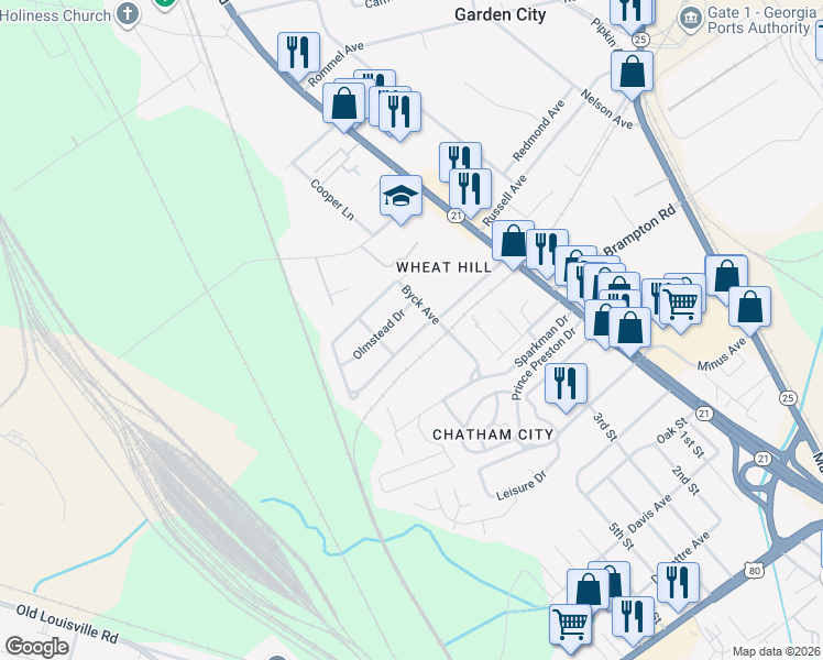 map of restaurants, bars, coffee shops, grocery stores, and more near 204 Olmstead Drive in Savannah