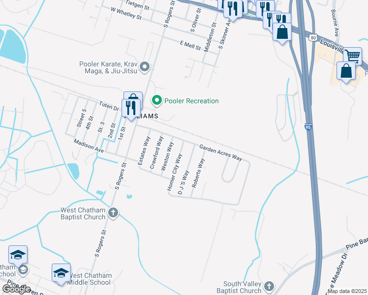map of restaurants, bars, coffee shops, grocery stores, and more near 1204 Homer City Way in Pooler