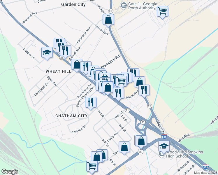 map of restaurants, bars, coffee shops, grocery stores, and more near 119 Saint Joseph Avenue in Savannah