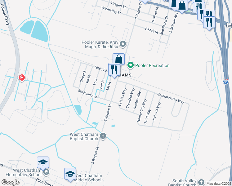 map of restaurants, bars, coffee shops, grocery stores, and more near 1215 Estates Way in Pooler