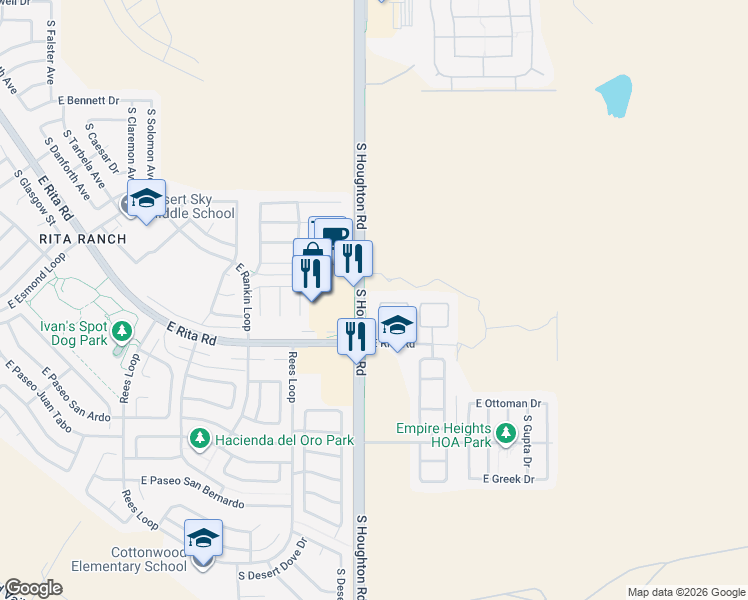 map of restaurants, bars, coffee shops, grocery stores, and more near 8118 South Woodfrost Way in Tucson