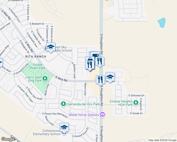 map of restaurants, bars, coffee shops, grocery stores, and more near 8111 South Sunny Horizon Place in Tucson