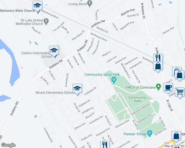 map of restaurants, bars, coffee shops, grocery stores, and more near 1826 East Beverly Drive in Corsicana