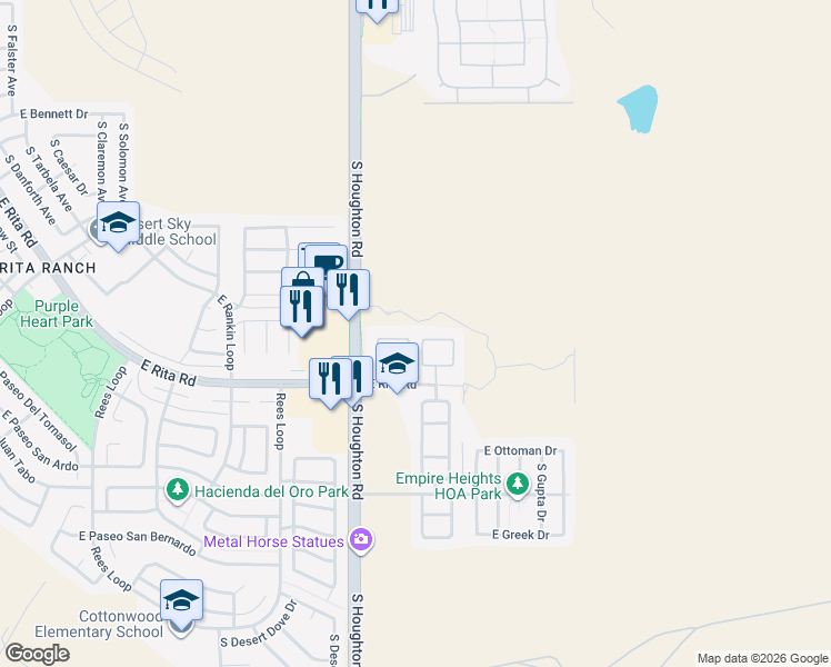 map of restaurants, bars, coffee shops, grocery stores, and more near 10441 E Rita Ranch Crossing Cir in Tucson