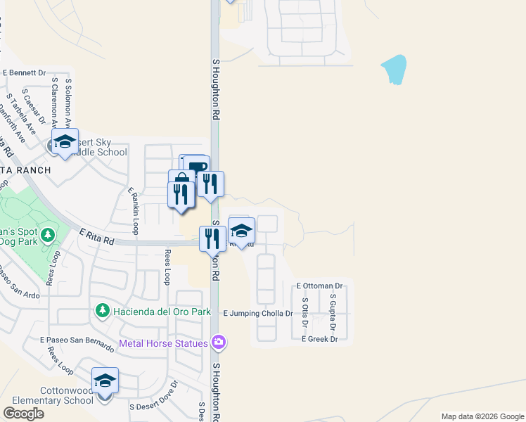 map of restaurants, bars, coffee shops, grocery stores, and more near 10441 East Rita Ranch Crossing Circle in Tucson