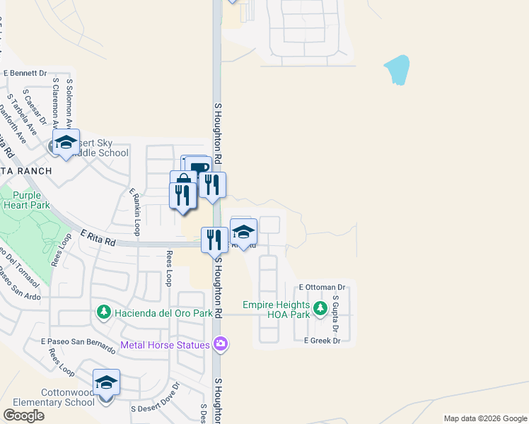 map of restaurants, bars, coffee shops, grocery stores, and more near 10441 East Rita Ranch Crossing Circle in Tucson