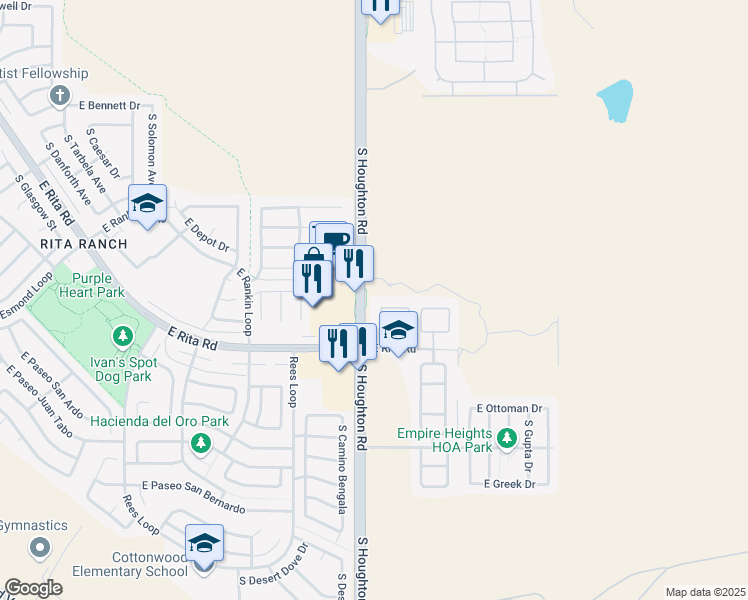 map of restaurants, bars, coffee shops, grocery stores, and more near 8118 South Woodfrost Way in Tucson