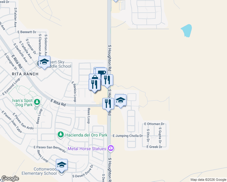 map of restaurants, bars, coffee shops, grocery stores, and more near 8118 South Woodfrost Way in Tucson