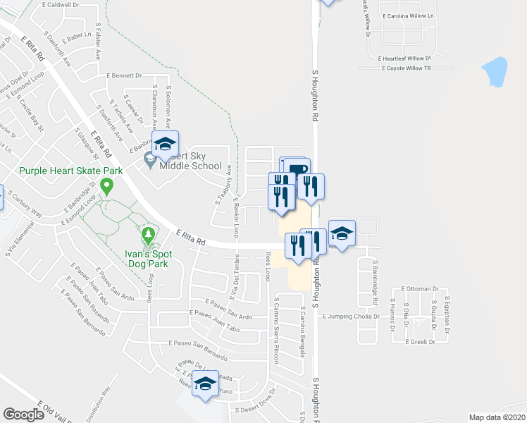 map of restaurants, bars, coffee shops, grocery stores, and more near 8109 South Sunny Sky Place in Tucson