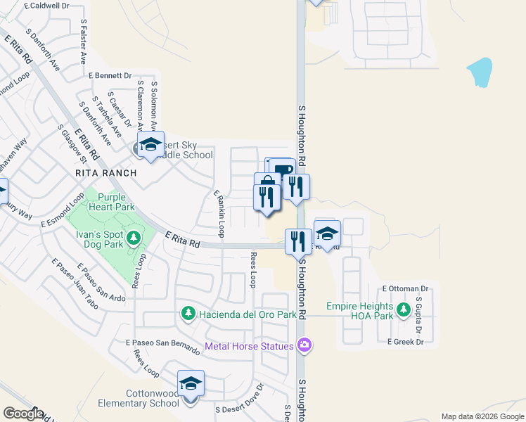 map of restaurants, bars, coffee shops, grocery stores, and more near 8111 South Sunny Horizon Place in Tucson