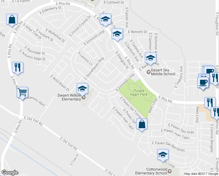 map of restaurants, bars, coffee shops, grocery stores, and more near 9559 East Banbridge Street in Tucson