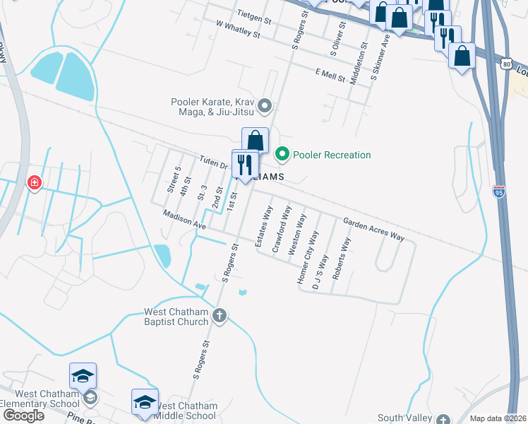 map of restaurants, bars, coffee shops, grocery stores, and more near 1215 Estates Way in Pooler