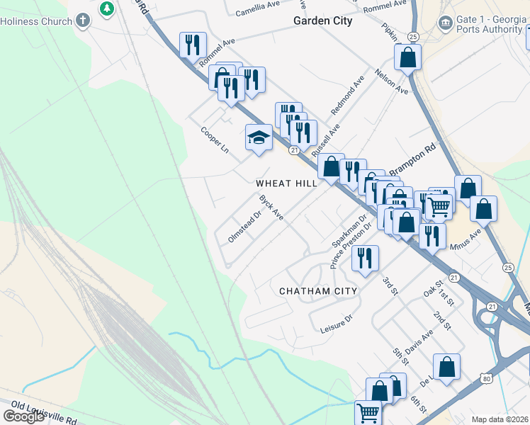 map of restaurants, bars, coffee shops, grocery stores, and more near 204 Olmstead Drive in Savannah