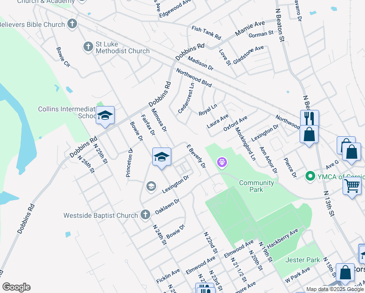 map of restaurants, bars, coffee shops, grocery stores, and more near 1817 East Beverly Drive in Corsicana