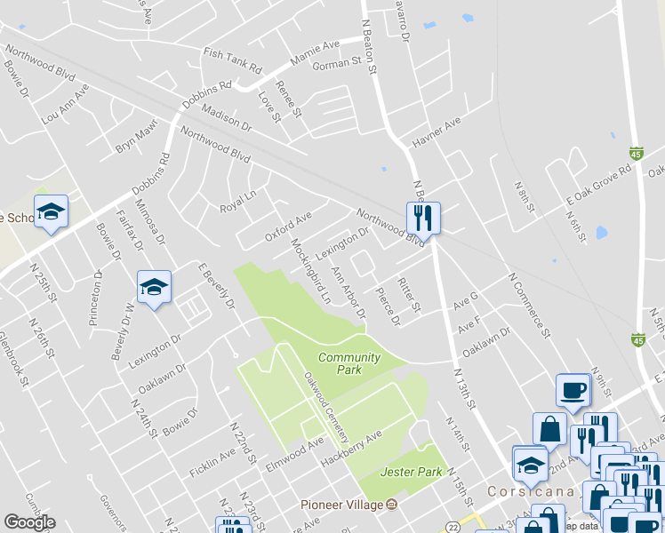 map of restaurants, bars, coffee shops, grocery stores, and more near 1416 Ann Arbor Drive in Corsicana