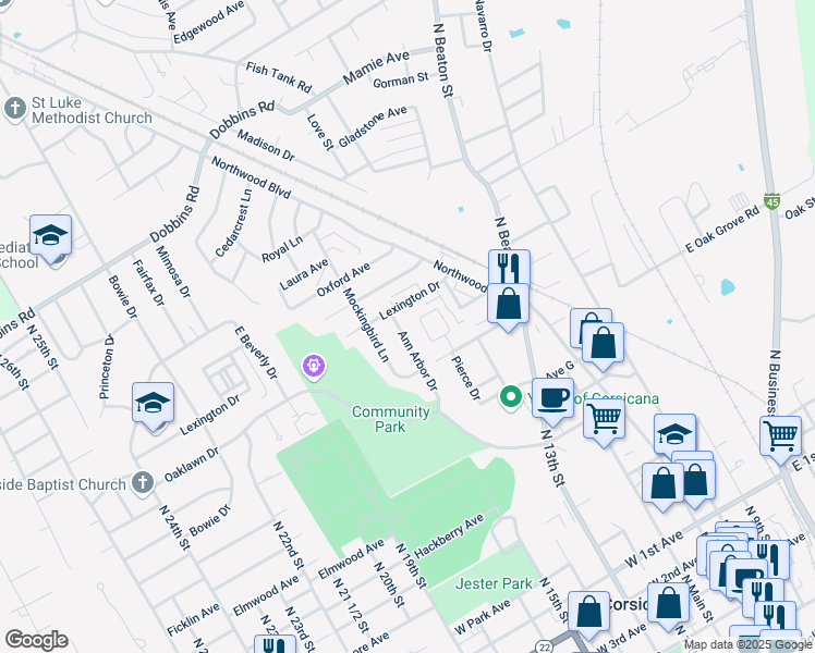 map of restaurants, bars, coffee shops, grocery stores, and more near 1416 Ann Arbor Drive in Corsicana