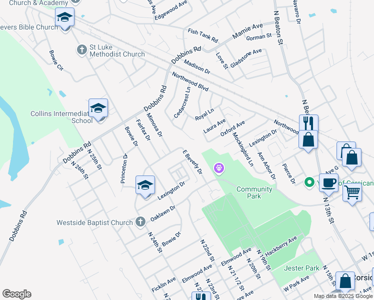 map of restaurants, bars, coffee shops, grocery stores, and more near 1817 East Beverly Drive in Corsicana