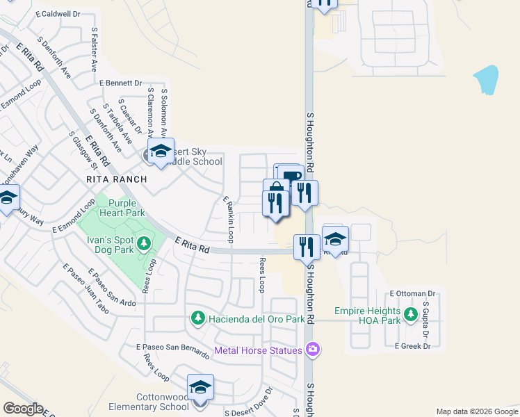 map of restaurants, bars, coffee shops, grocery stores, and more near 10171 East Sunset Meadow Place in Tucson