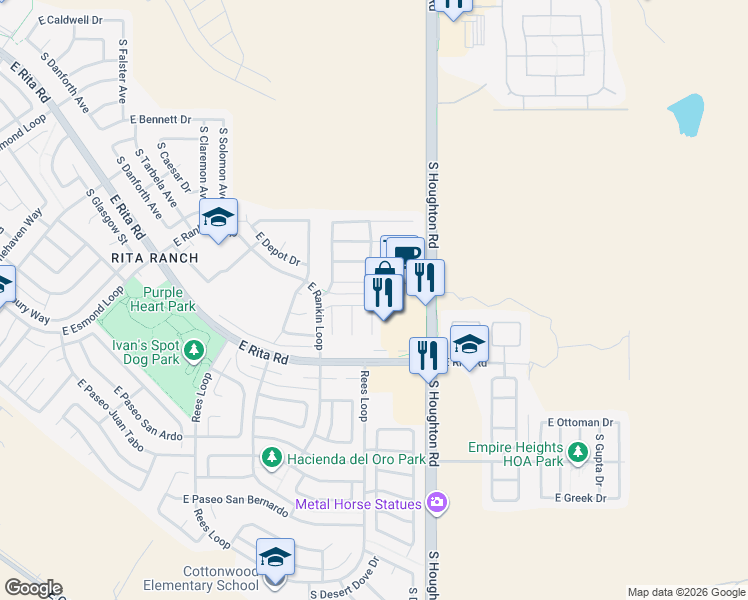 map of restaurants, bars, coffee shops, grocery stores, and more near 8111 South Sunny Horizon Place in Tucson