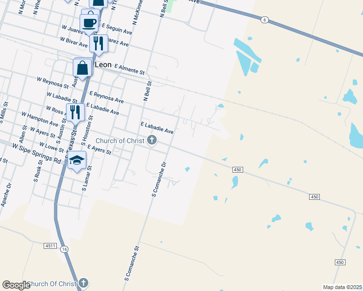 map of restaurants, bars, coffee shops, grocery stores, and more near 917 Ross Street in De Leon