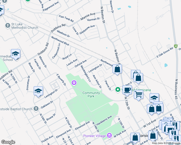 map of restaurants, bars, coffee shops, grocery stores, and more near 601 Lexington Drive in Corsicana