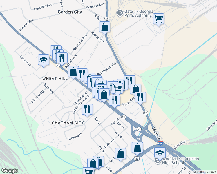 map of restaurants, bars, coffee shops, grocery stores, and more near 119 Saint Joseph Avenue in Savannah