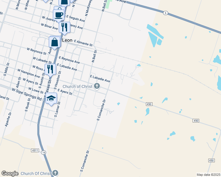 map of restaurants, bars, coffee shops, grocery stores, and more near 917 Ross Street in De Leon