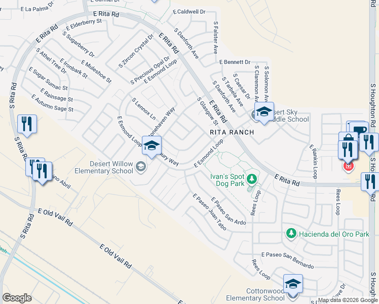 map of restaurants, bars, coffee shops, grocery stores, and more near 9559 East Banbridge Street in Tucson