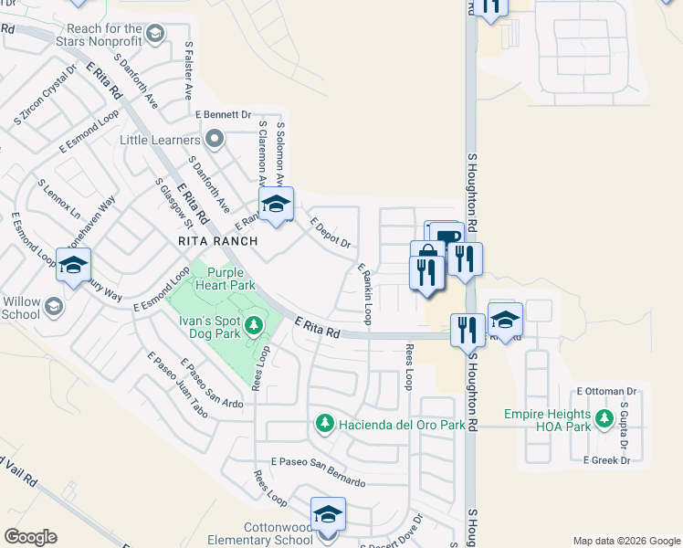 map of restaurants, bars, coffee shops, grocery stores, and more near 8068 South Teaberry Avenue in Tucson