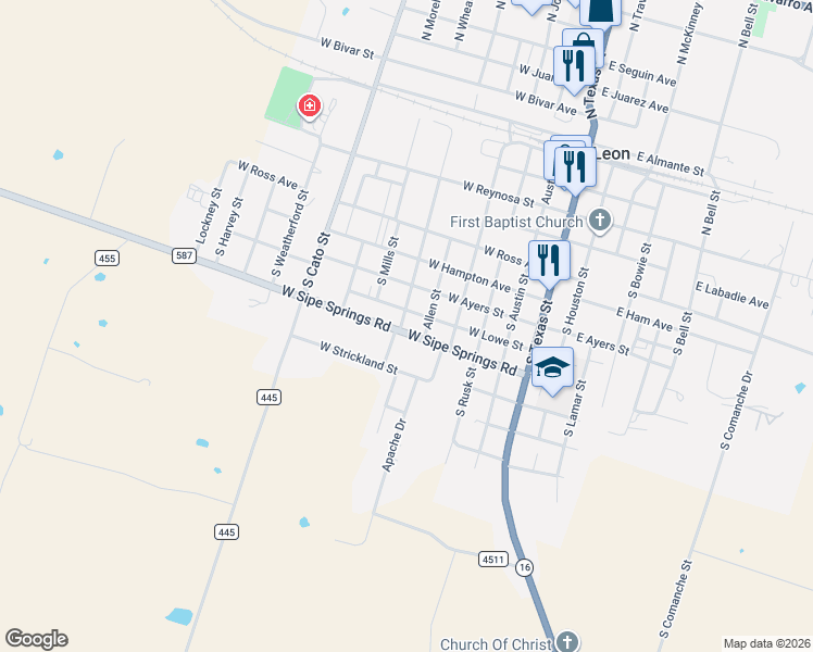 map of restaurants, bars, coffee shops, grocery stores, and more near 506 West Sipe Springs Road in De Leon