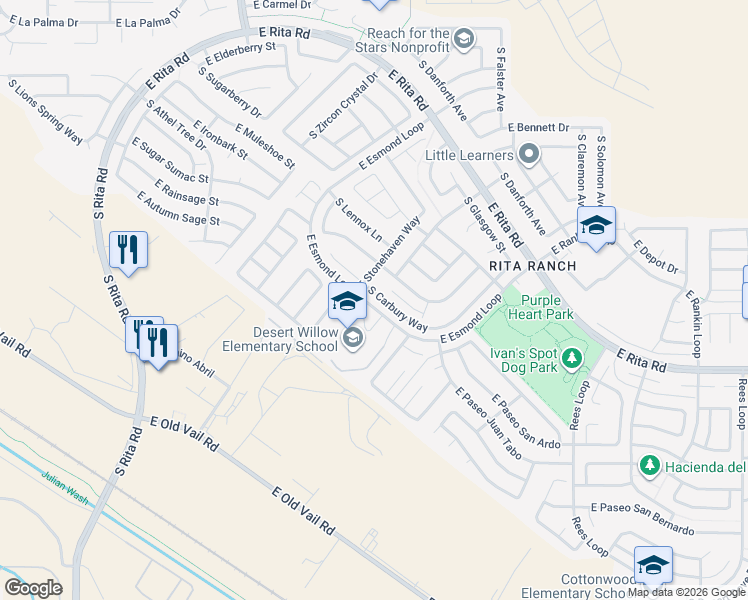 map of restaurants, bars, coffee shops, grocery stores, and more near 8088 South Carbury Way in Tucson