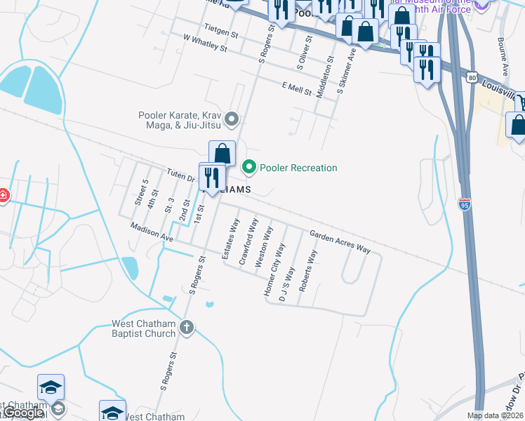 map of restaurants, bars, coffee shops, grocery stores, and more near 1209 Crawford Way in Pooler