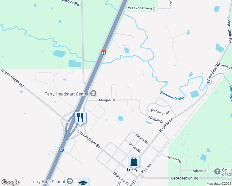 map of restaurants, bars, coffee shops, grocery stores, and more near 510 Morgan Drive in Terry